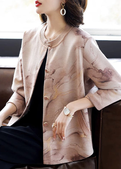 Pink O-neck Print Button Cotton Knit Coats Three Quarter Sleeve