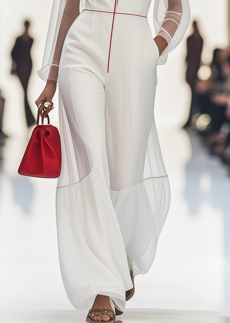 Stylish White V Neck Patchwork Tulle Chiffon Jumpsuit Summer