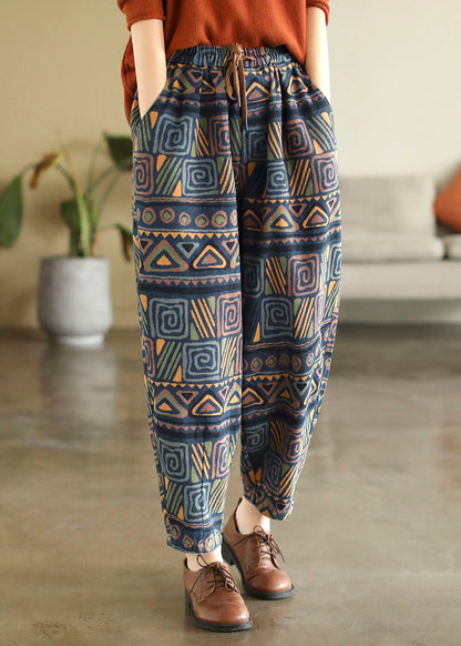 Blue Elastic Waist Pockets Print Cotton Denim Harem Pants Fall