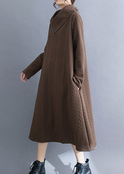 Coffee Cotton Long Dresses Asymmetrical Hign Neck Fall