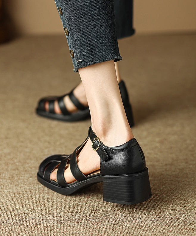 Black Classy Splicing Chunky Heel Hollow Out Sandals