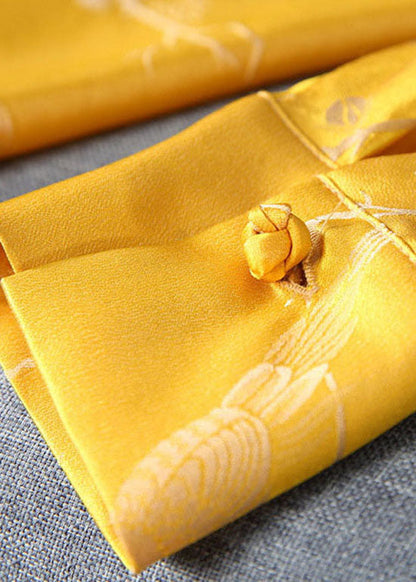 Yellow Stand Collar Button Jacquard Silk Tops Spring