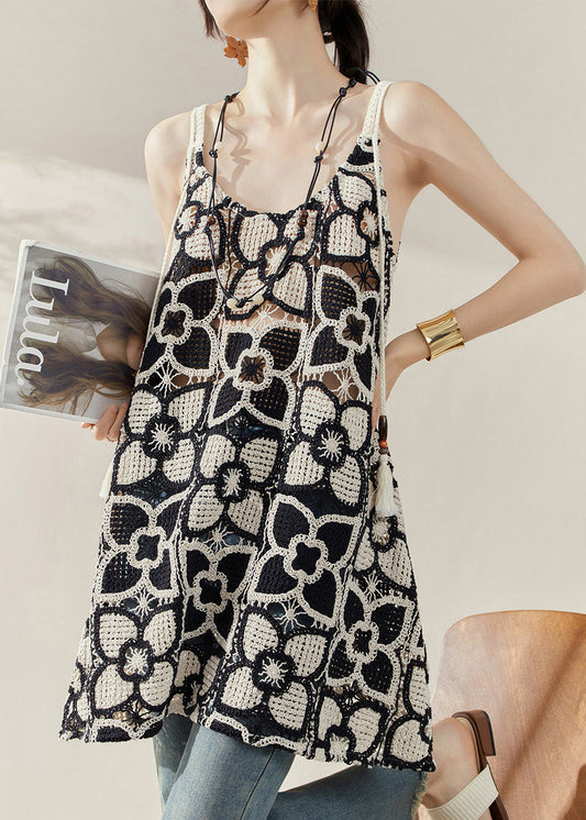 Style Black Embroidered Hollow Out Mid Spaghetti Strap Dress Summer