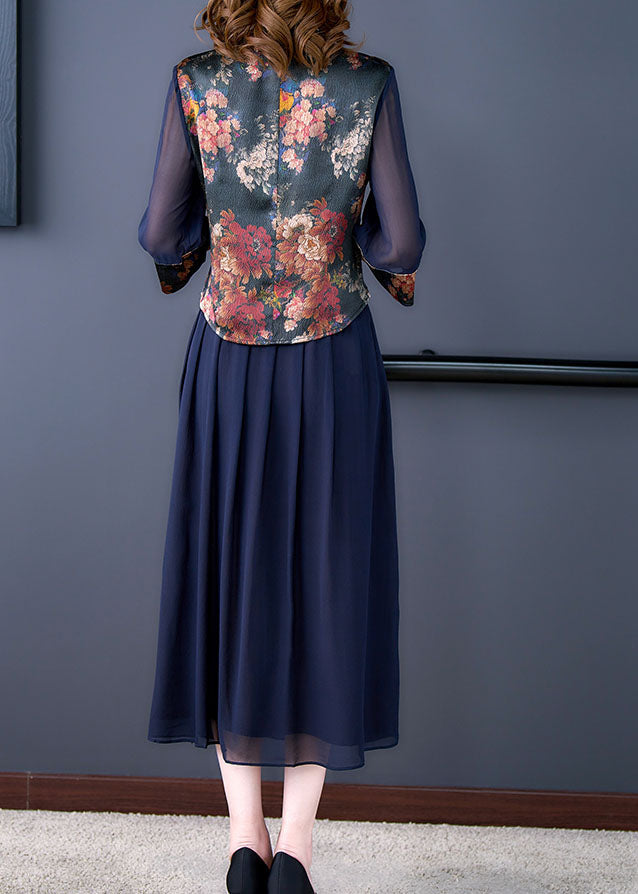 Blue Hollow Out Patchwork Print Silk Tops and Skirts Two Pieces Set Half Sleeve