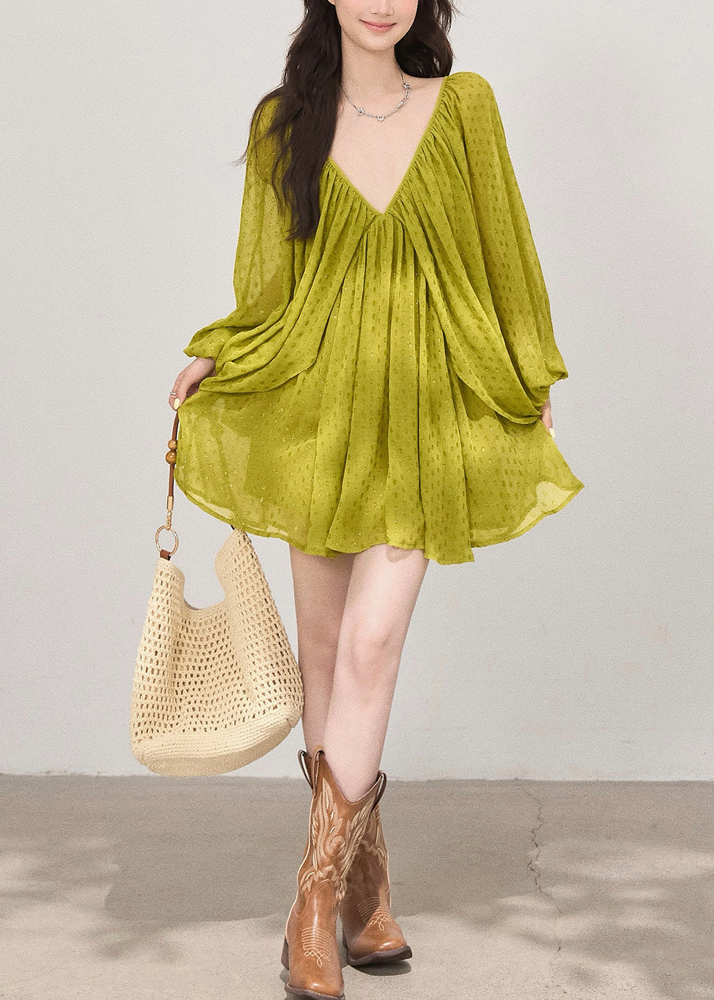 Grass Green Backless Print Cotton Holiday Dress Fall