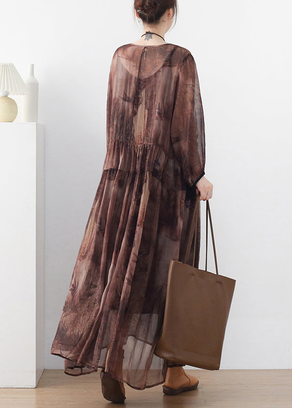 Chocolate O-neck Print Chiffon Long Dress and Spaghetti Strap Dress Two Pieces Set Long Sleeve