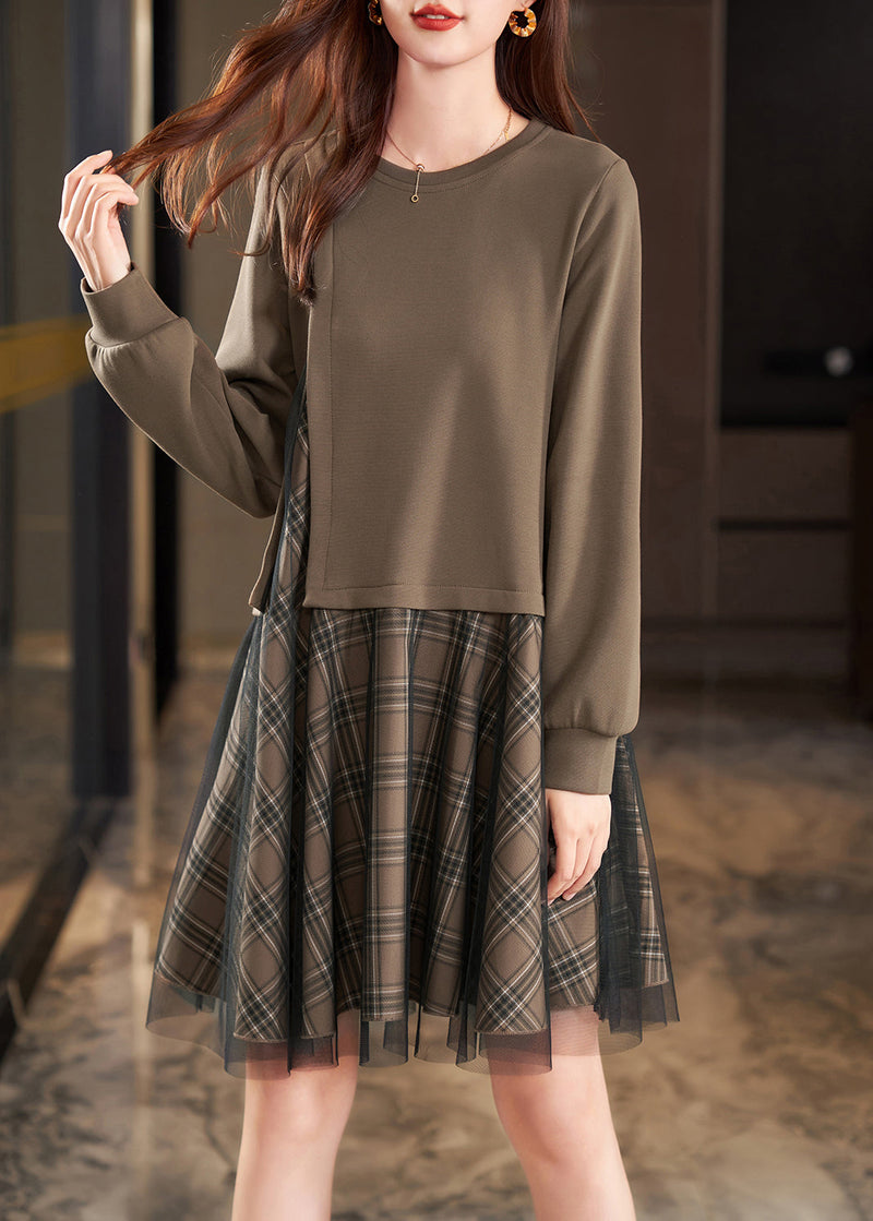 Khaki Side Open Patchwork Cotton Fake Two Piece Dress Spring