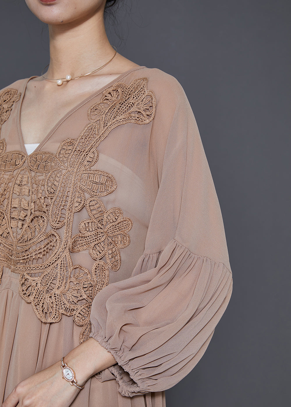 Coffee Lace Patchwork Tie Waist Chiffon Dresses Spring