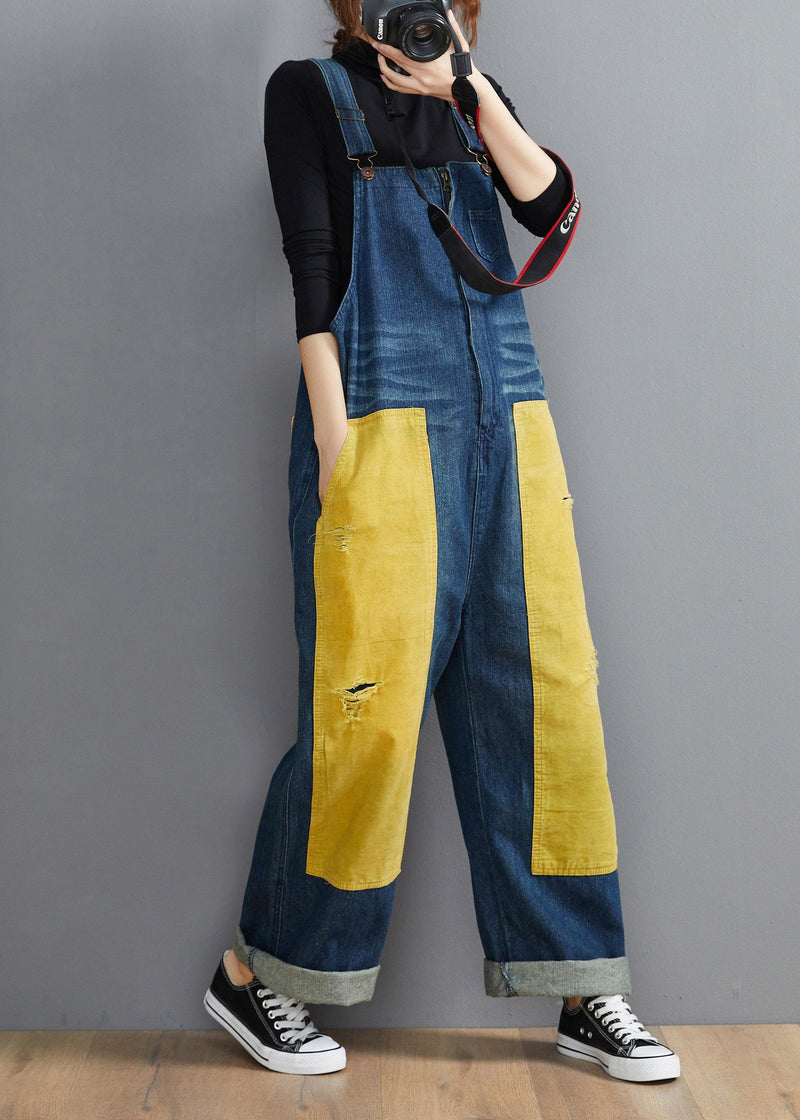 French Denim Blue Jeans Spring Patchwork Jumpsuit Pants