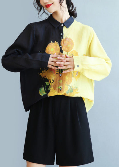 Black Peter Pan Collar Sunflower Print Linen Shirt Fall