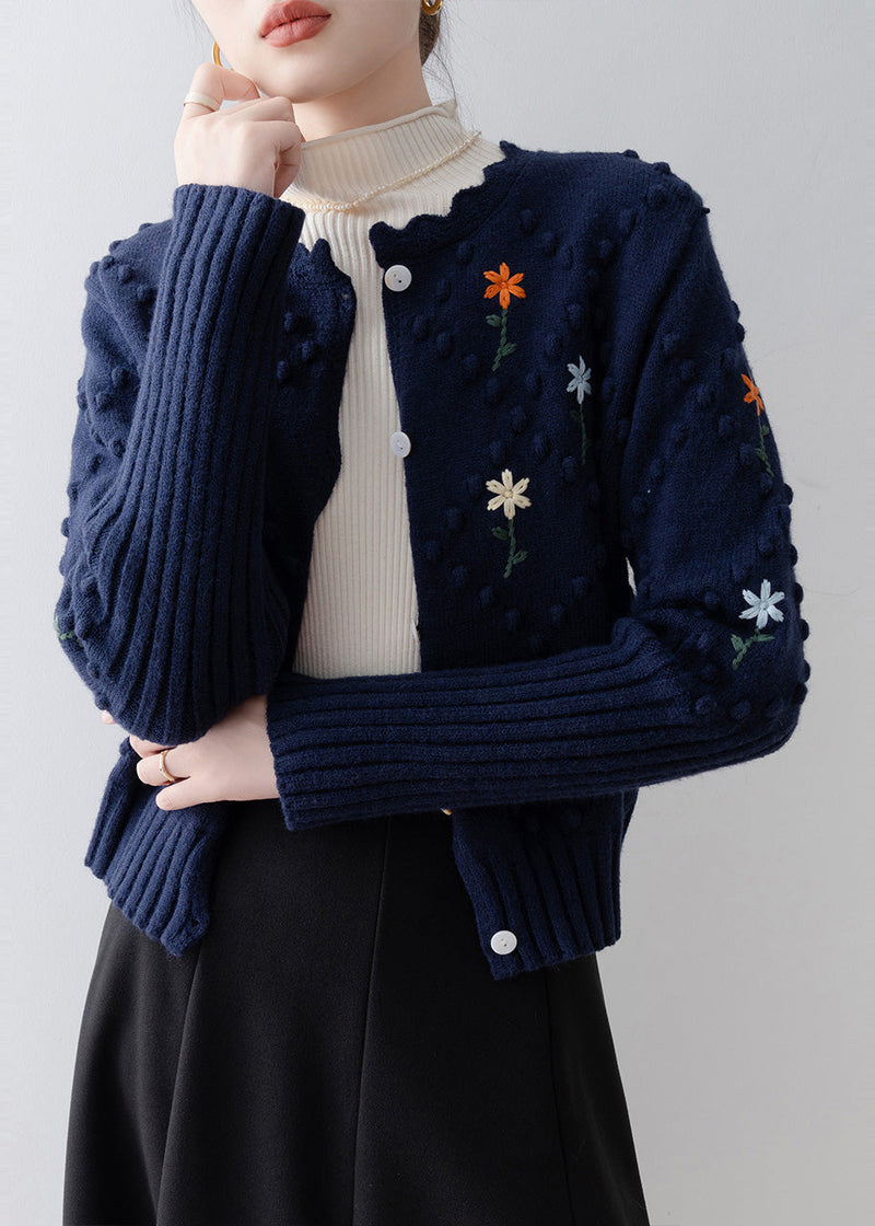 Navy Embroidered Fuzzy Ball Decorated Knit Jacket Winter