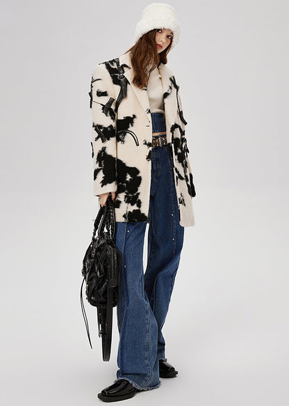 Black White Print Bow Woolen Coats Spring