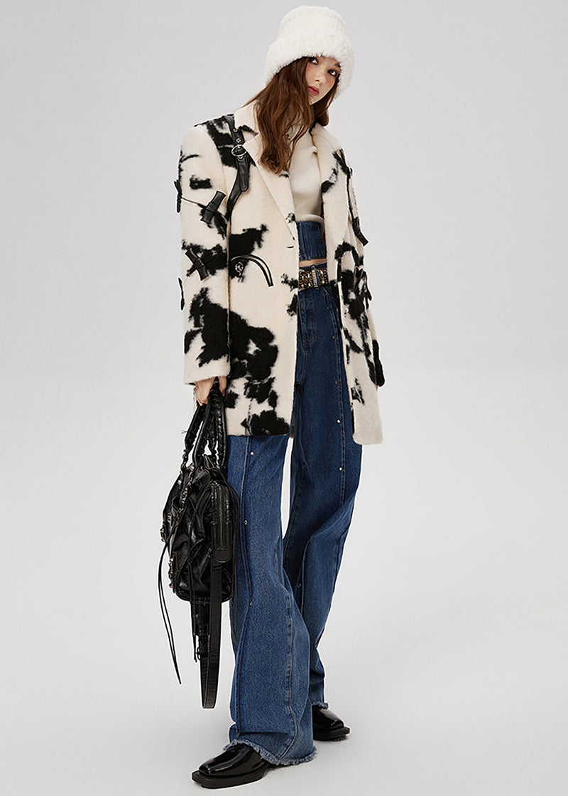 Black White Print Bow Woolen Coats Spring