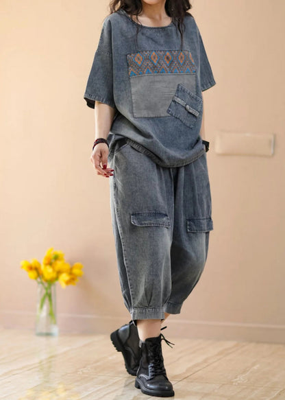 Blue Tops and Crop Pants Denim Two Piece Suit Set Summer