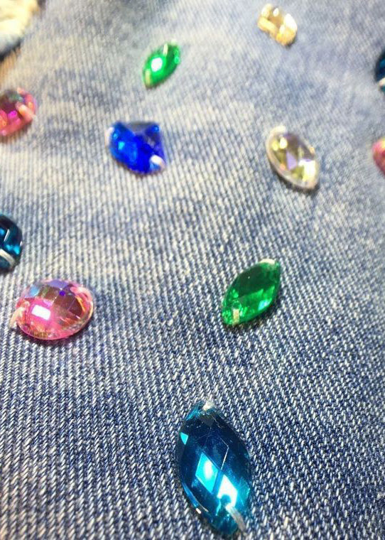 Unique Blue Nail Bead Patchwork High Waist Ripped Shorts Jeans Summer