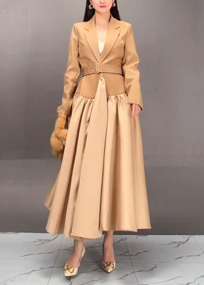 Khaki Notched Patchwork Sashes Long Trench Coats Fall