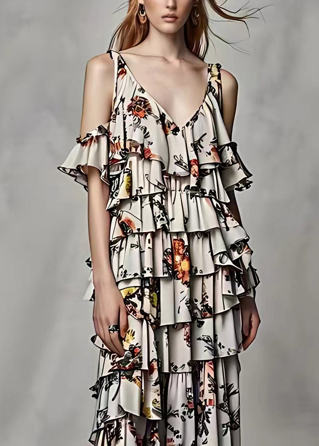 Grey Cold Shoulder Print Silk Long Dresses Summer