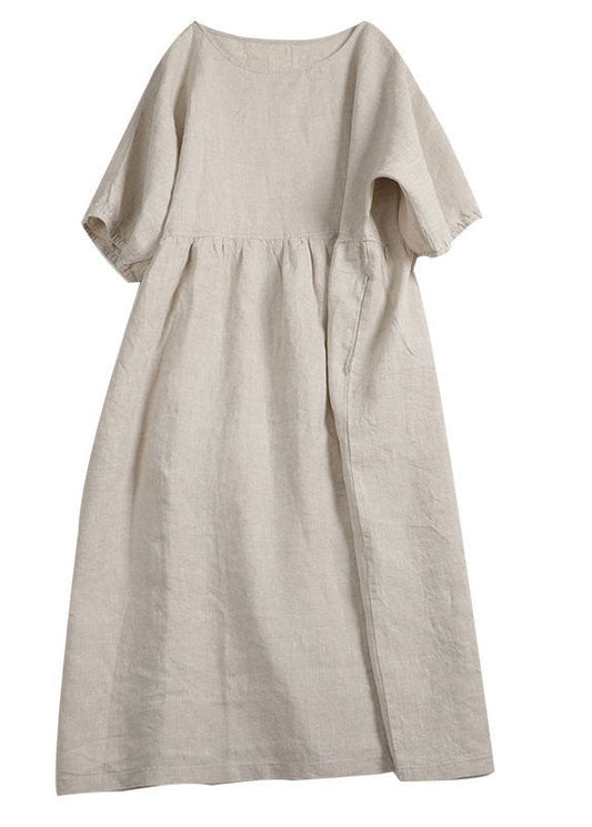 Handmade Apricot O-neck Wrinkled Patchwork Linen Dress Summer