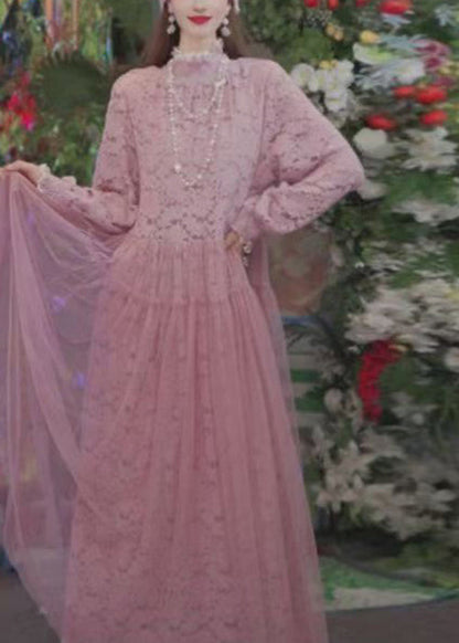 Pink Ruffled Tulle Patchwork Lace Long Dress Spring