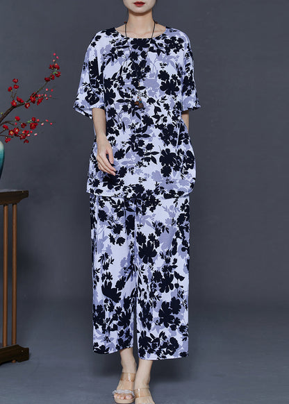 Art White O-neck Leaf Print Cotton Two Pieces Set Summer