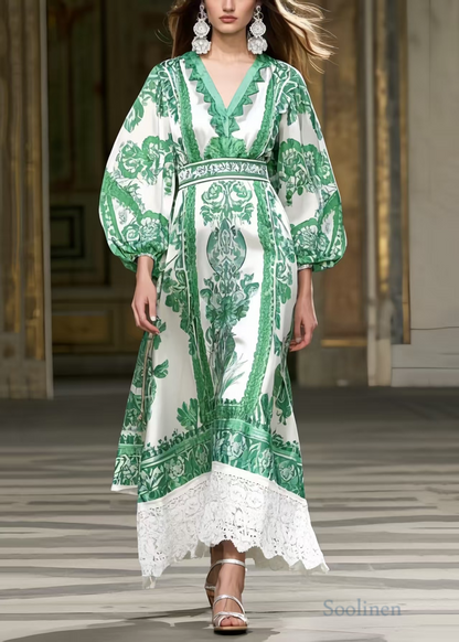 Green Puff Sleeve Patchwork Lace Robe Dresses Spring