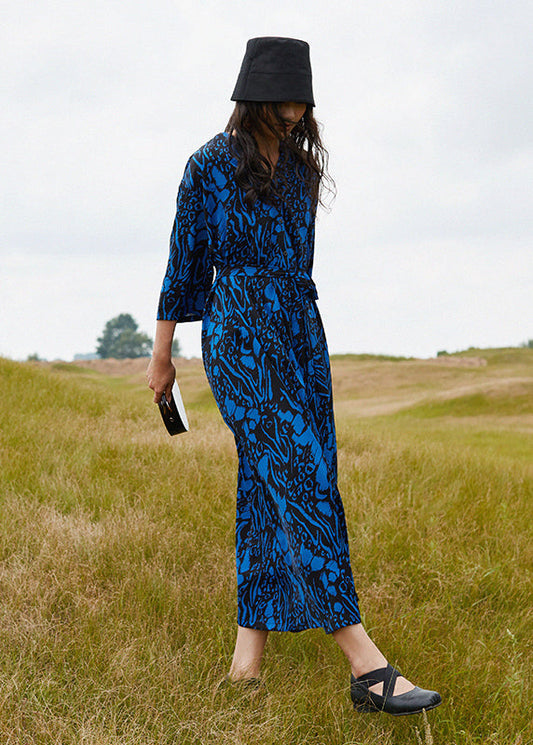 Blue V Neck Print Cotton Robe Dresses Summer