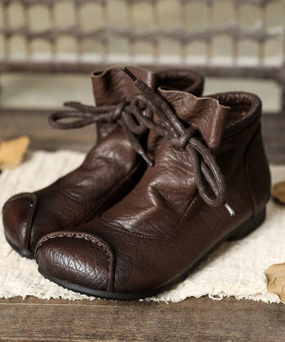 Chocolate Cowhide Leather Splicing Lace Up Ankle Boots