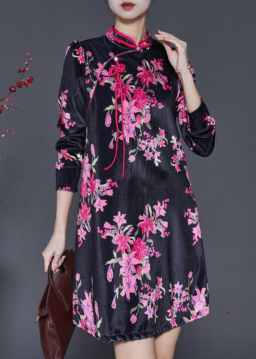 Chinese Style Black Print Silk Velour Mini Dresses Spring