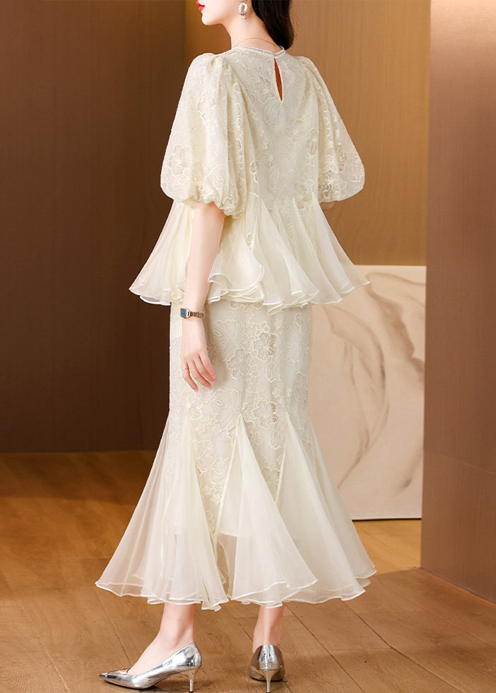 Beige Embroidered Tops and Fishtail Skirt Silk Two Pieces Set Summer