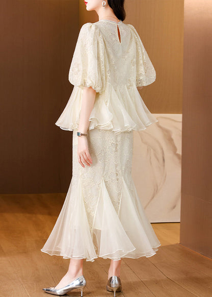 Beige Embroidered Tops and Fishtail Skirt Silk Two Pieces Set Summer