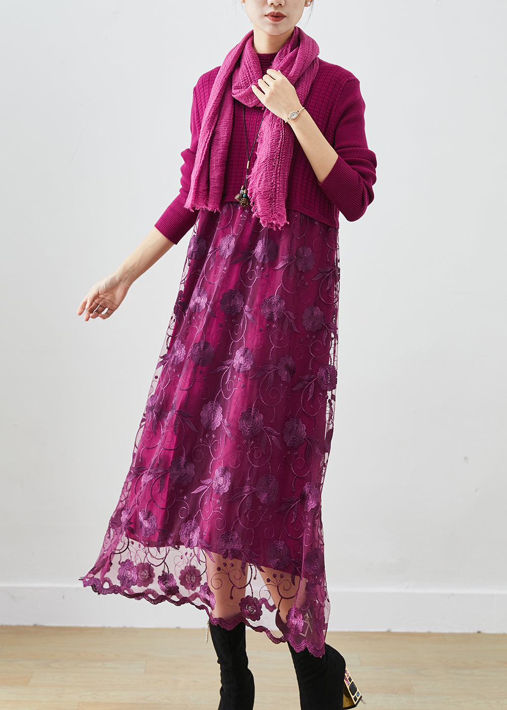 French Purple Embroideried Patchwork Knit Vacation Dresses Fall