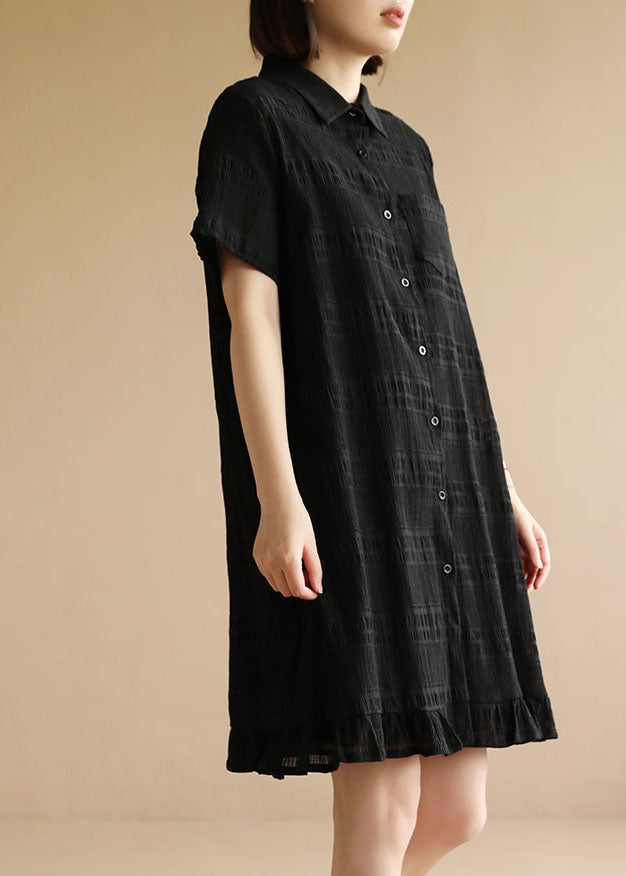 Black Peter Pan Collar Patchwork Ruffles Holiday Dress Short Sleeve