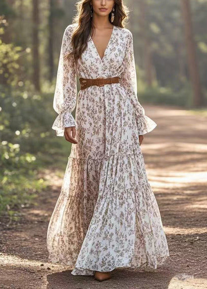 V Neck Patchwork Chiffon Long Dresses Petal Sleeve