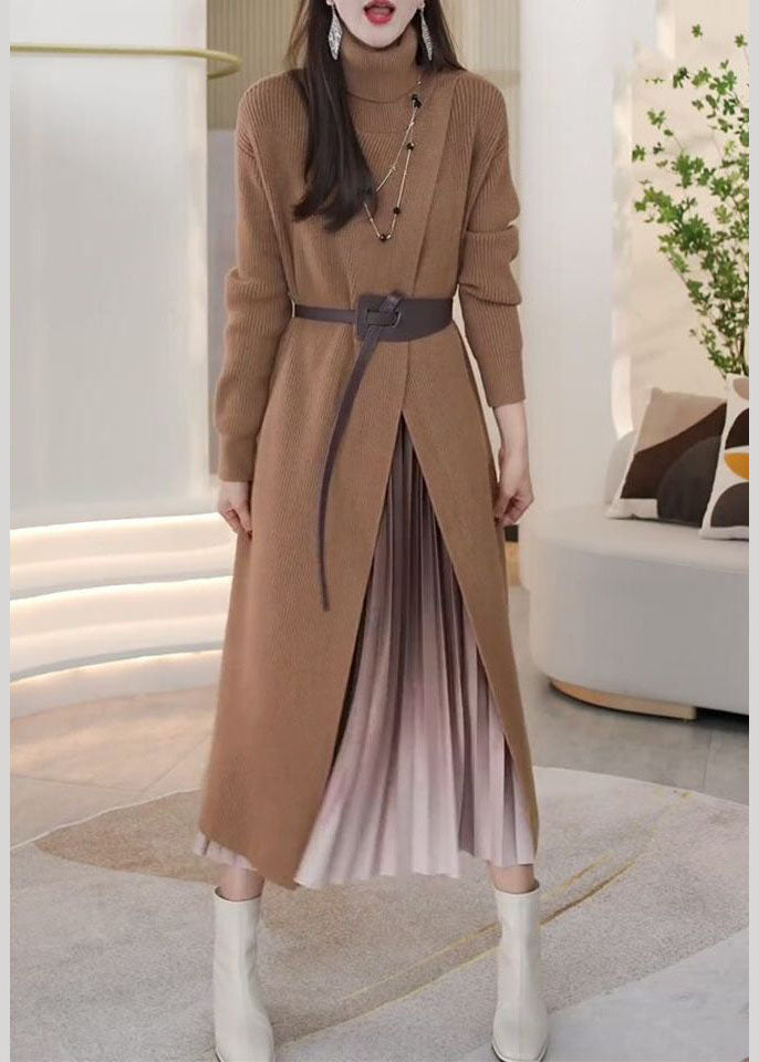Khaki Hign Neck Patchwork Front Side Open Knit Knit Dress Winter