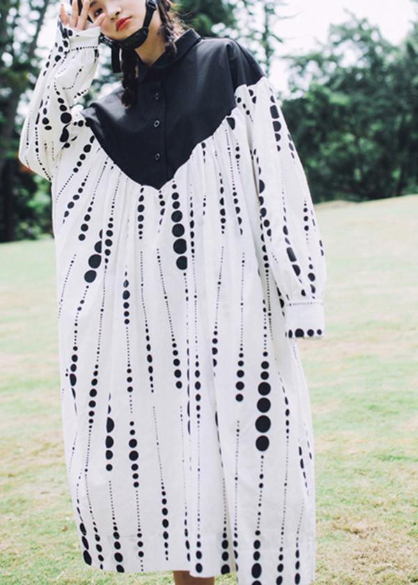 Black White Dot Circle Peter Pan Collar Cotton Long Sleeve Dress
