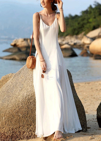New White V Neck Chiffon Spaghetti Strap Dress Sleeveless