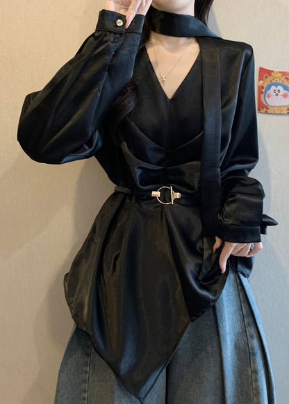 Black Asymmetrical Design Draping Silk Tunic Shirts Fall