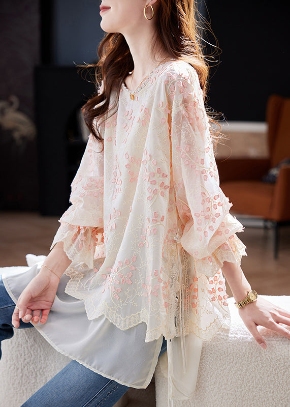 Fitted Pink O Neck Embroidered Patchwork Chiffon Tops Spring
