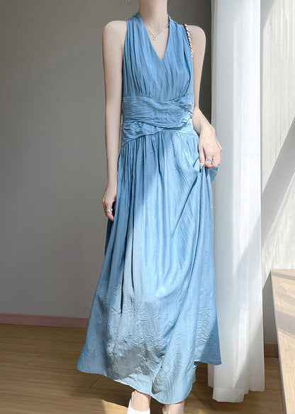Blue V Neck High Waist Cotton Long Dress Sleeveless