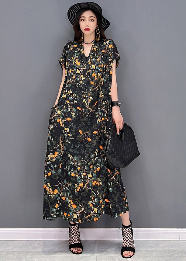 Black V Neck Print Silk Long Dress and Tulle Long Cardigan Two Pieces Set Summer