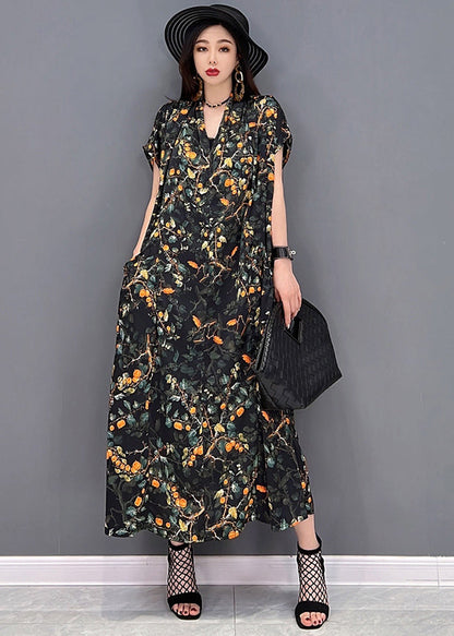 Black V Neck Print Silk Long Dress and Tulle Long Cardigan Two Pieces Set Summer