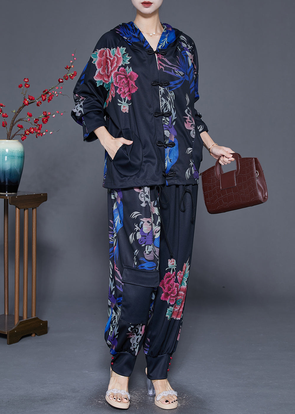 Black Oversized Print Chinese Button Two Pieces Set Fall