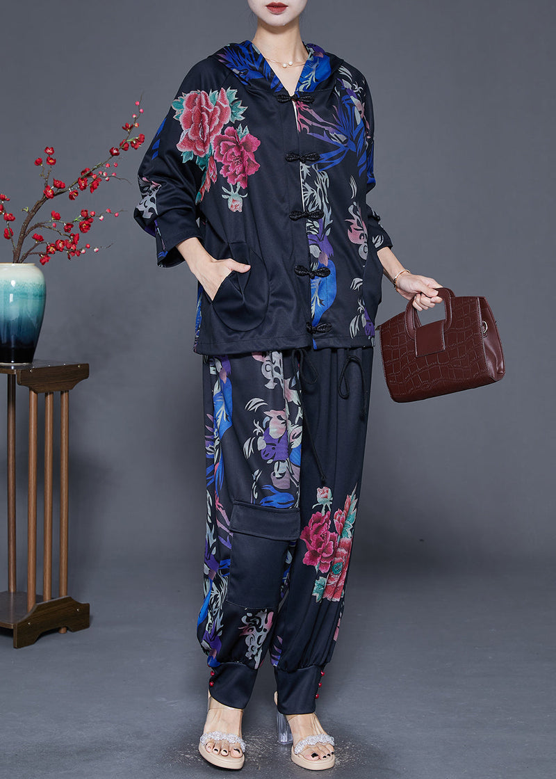 Black Oversized Print Chinese Button Two Pieces Set Fall