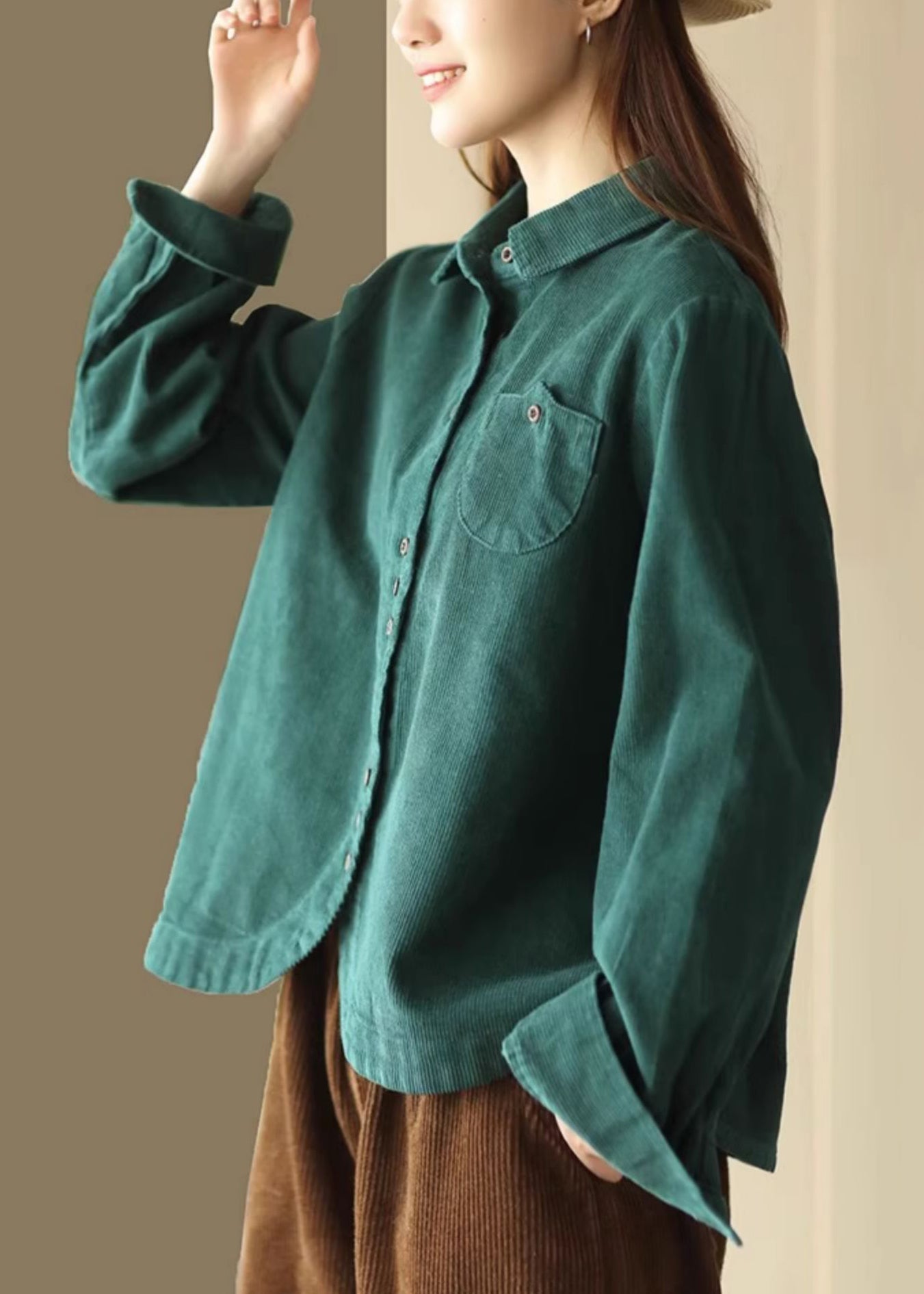 French Green Button Pockets Corduroy Blouses Long Sleeve Spring