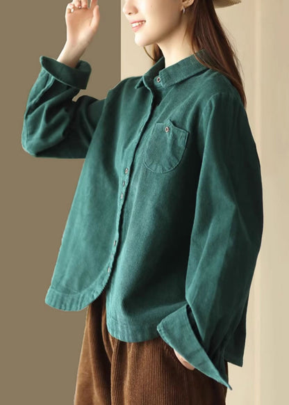 French Green Button Pockets Corduroy Blouses Long Sleeve Spring