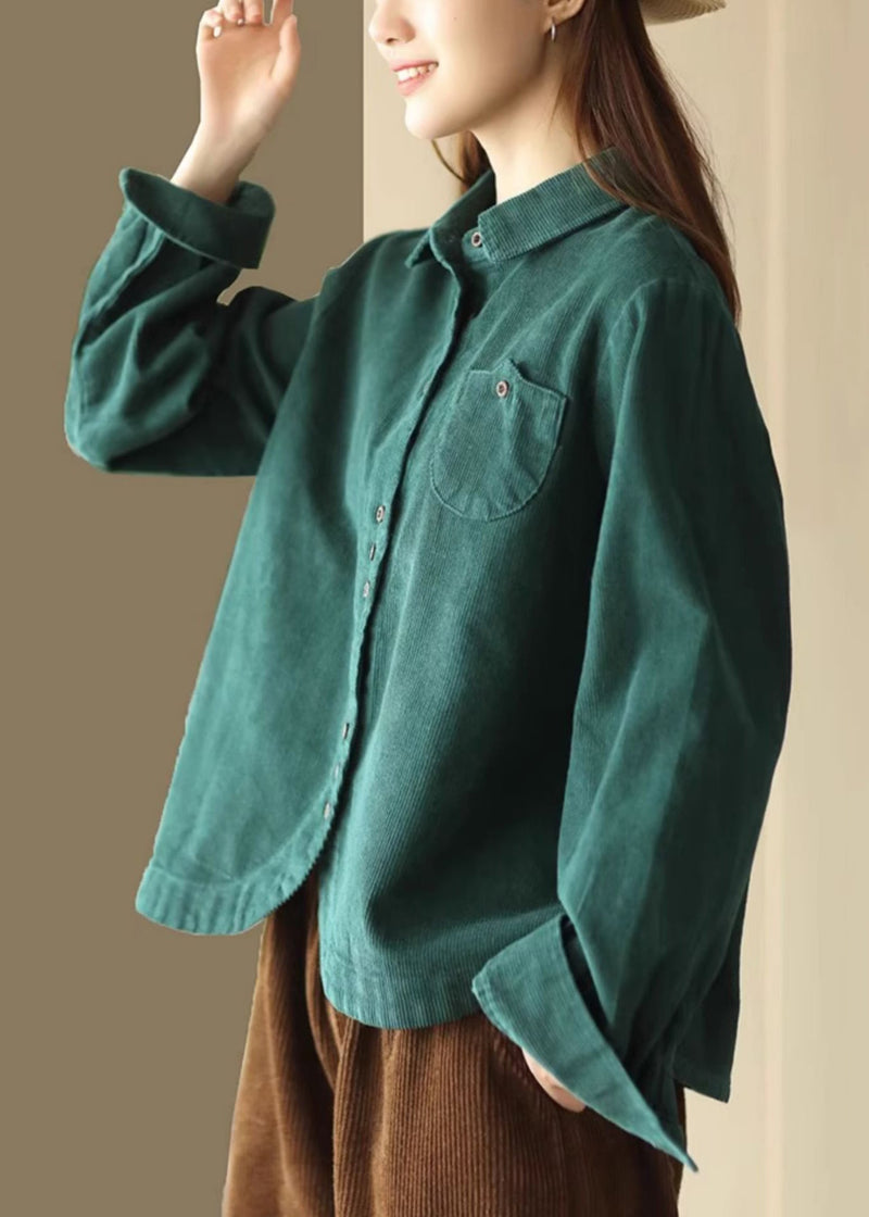 French Green Button Pockets Corduroy Blouses Long Sleeve Spring