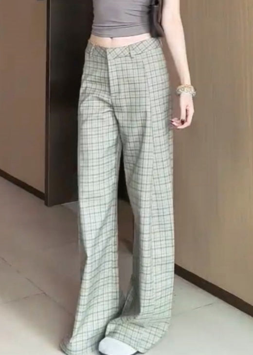 Plaid High Waist Cotton Wide Leg Pants Fall