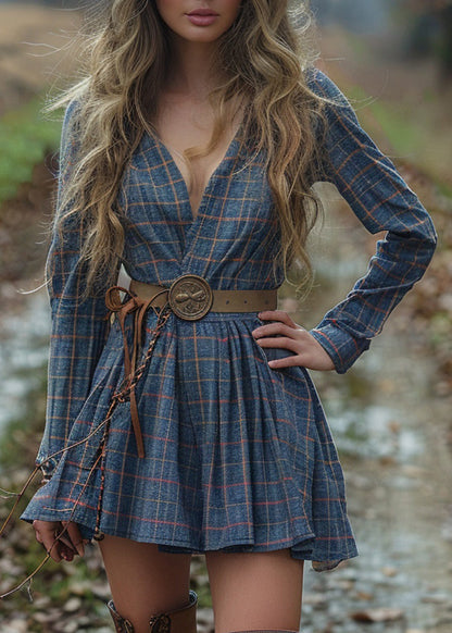 V Neck Plaid Wrinkled Cotton Dress Long Sleeve