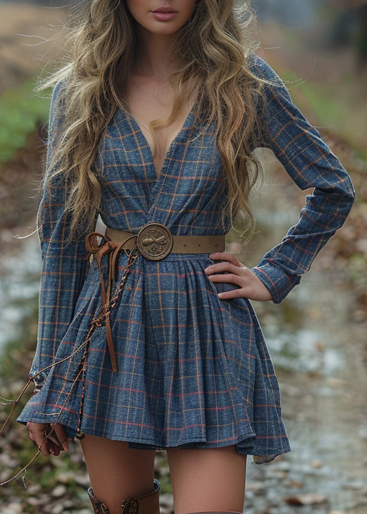 V Neck Plaid Wrinkled Cotton Dress Long Sleeve