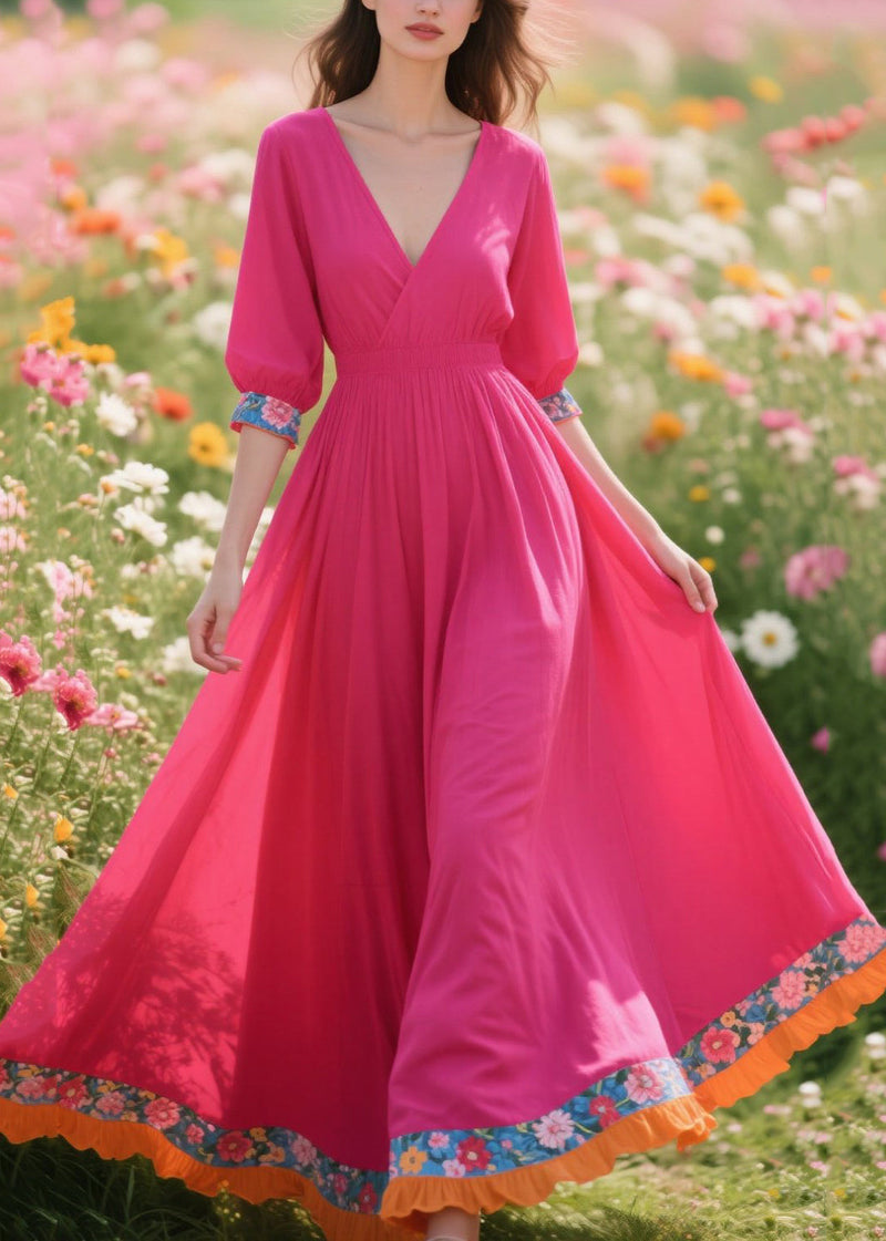 Rose V Neck Patchwork Cotton Vacation Dresses Summer
